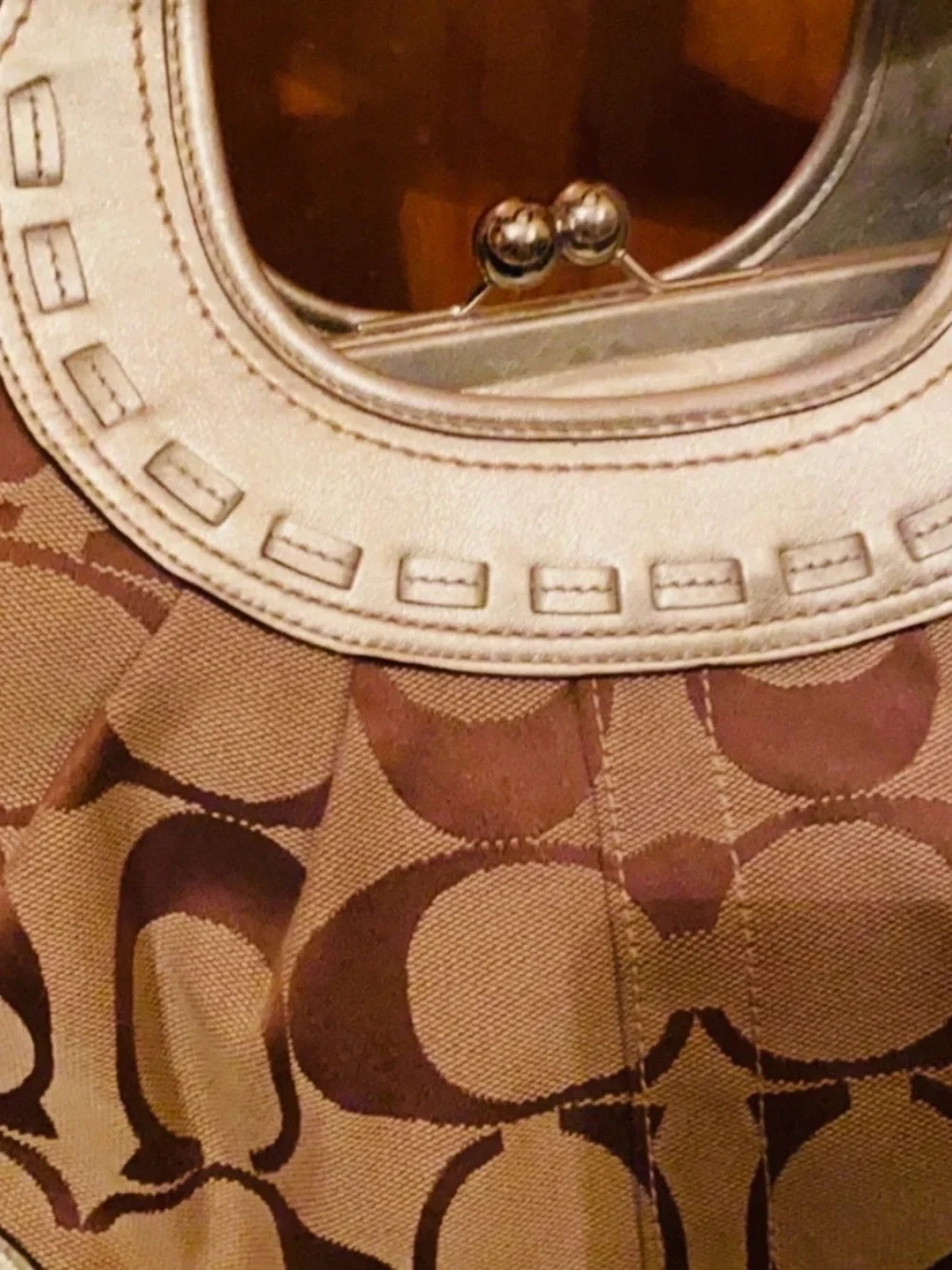 Coach Brown and Cream Signature Logo Tote with Metallic Trim